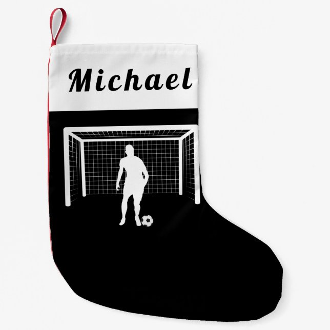 Soccer Goalie Goalkeeper Keeper Black & White Name Small Christmas Stocking (Front)
