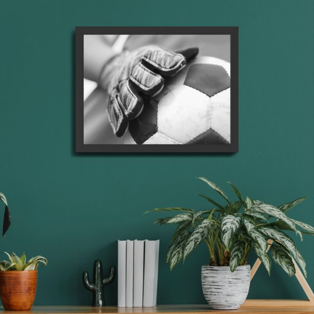 Soccer Goalkeeper Gloves Black Minimalist Photo Framed Art (Living Room 2)