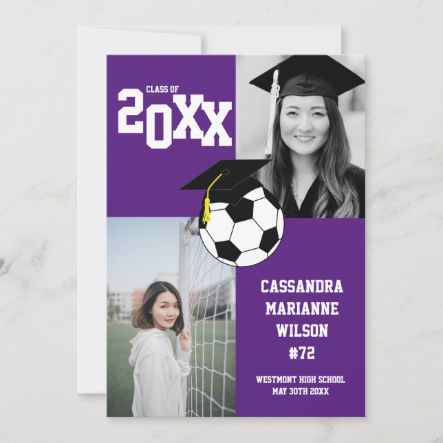 Soccer Graduation Sports Purple White Announcement (Front)