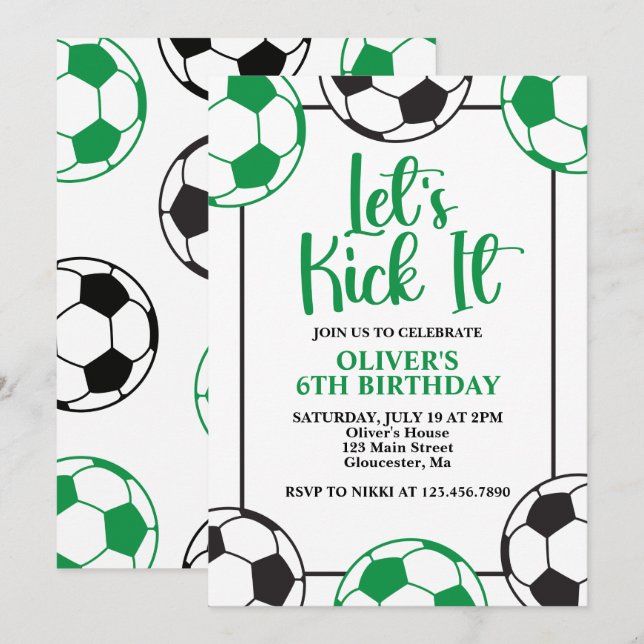 Soccer Green and Black Birthday Invitation (Front/Back)