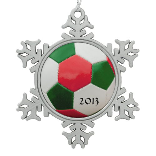 Soccer Green and Red Snowflake Pewter Christmas Ornament