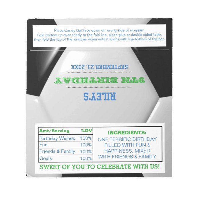 Soccer Green Blue Party Favor Candy Wrappers Notepad (Front)