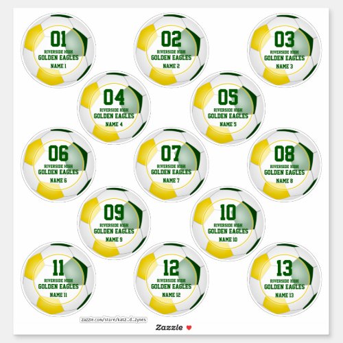 soccer green gold team colors set of 13 custom sticker
