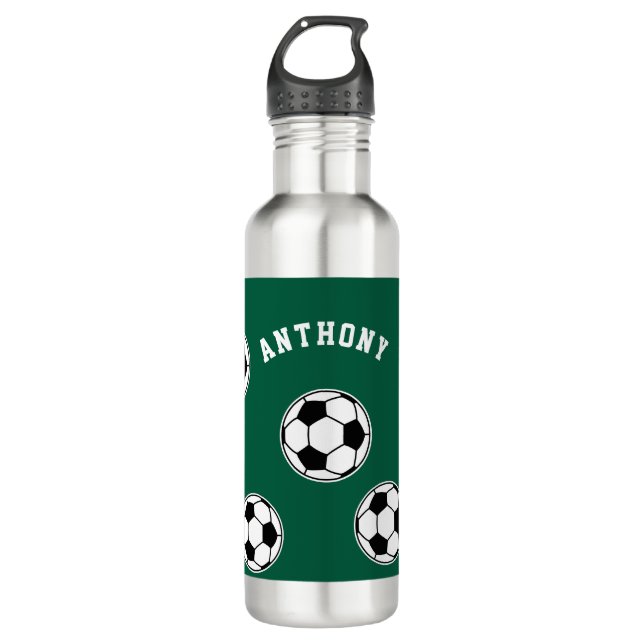 Soccer Green Personalized Kids Back to School Stainless Steel Water Bottle (Front)