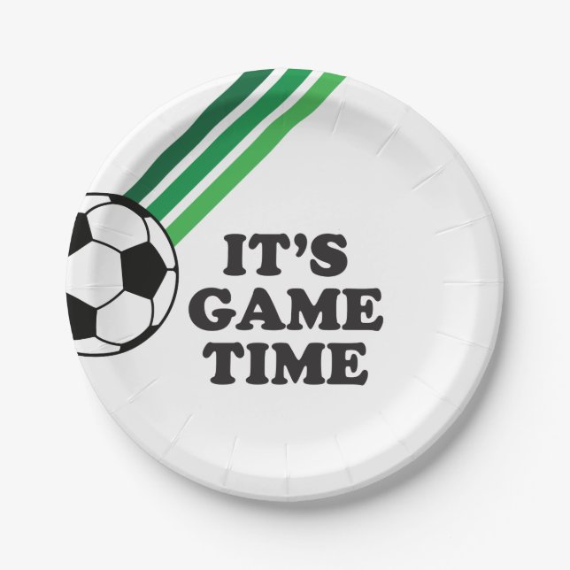 Soccer Green Stripes Game Time Birthday Paper Plates (Front)
