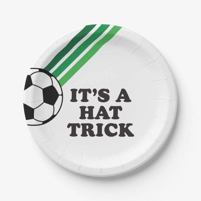 Soccer Green Stripes Hat Trick 3rd Birthday Paper Plates (Front)