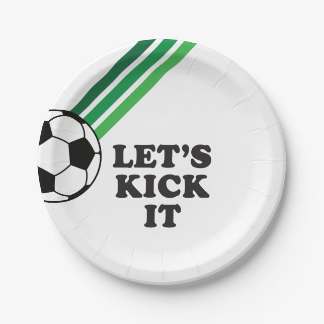 Soccer Green Stripes Let's Kick It Birthday Paper Plates (Front)