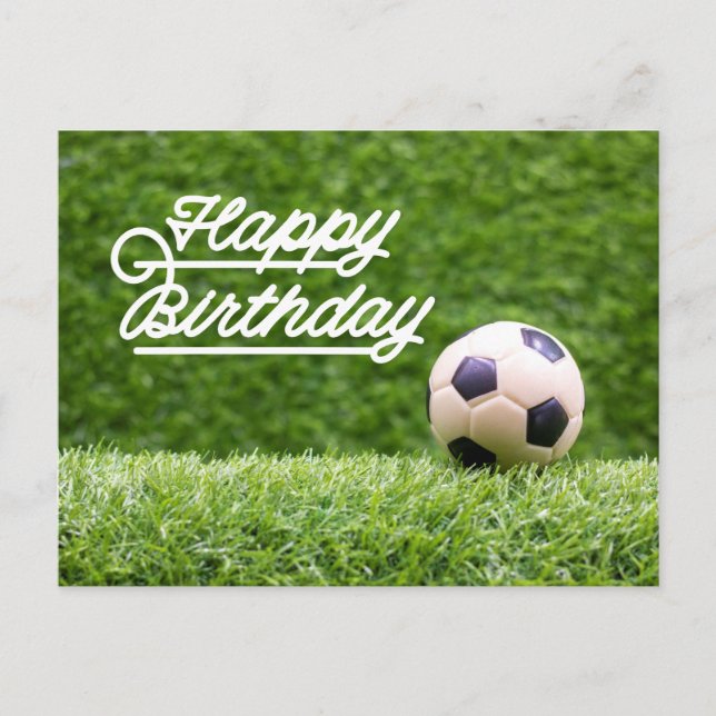 Soccer Happy Birthday with ball on green grass Car Postcard (Front)