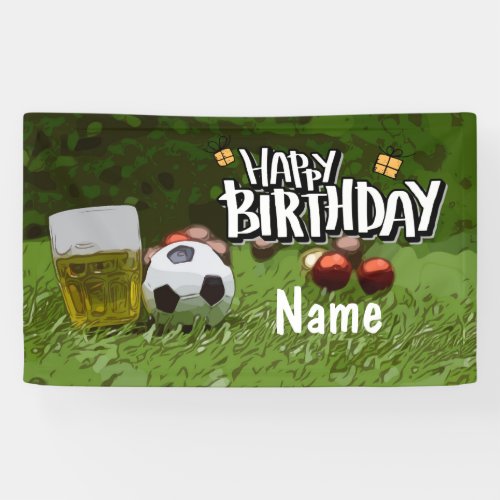 Soccer  Happy birthday with balls on green Card Banner