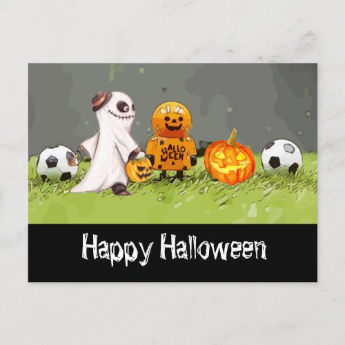 Soccer Happy Halloween with balls on green grass   Postcard