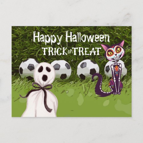 Soccer Happy Halloween with balls on green grass   Postcard