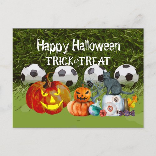 Soccer Happy Halloween with balls on green grass   Postcard