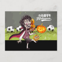 Soccer Happy Halloween with balls on green grass