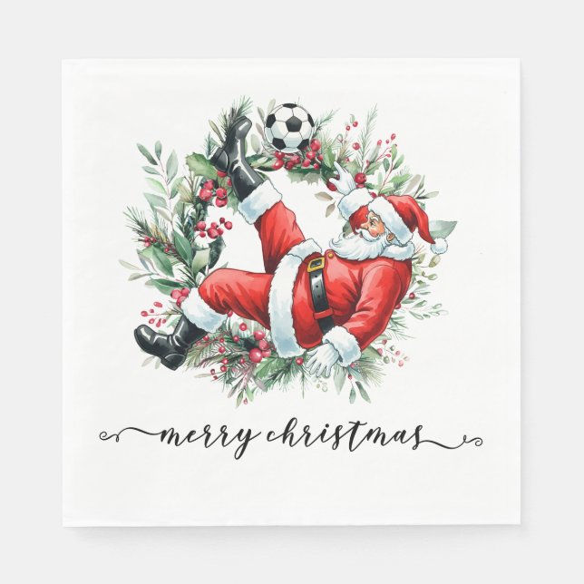 Soccer Happy Holidays  Santa playing soccer Napkins (Front)