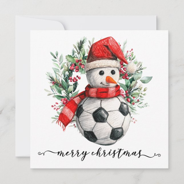 Soccer Happy Holidays  Snowman Christmas wreath Holiday Card (Front)