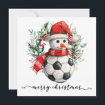 Soccer Happy Holidays  Snowman Christmas wreath Holiday Card<br><div class="desc">Send festive cheer with a sporty twist! This holiday card features a cheerful snowman kicking a soccer ball inside a beautifully decorated Christmas wreath. Perfect for soccer fans, kids, and friends who love a playful holiday design, it’s great for Christmas greetings, gift accompaniments, or holiday party invites. Bright, fun, and...</div>