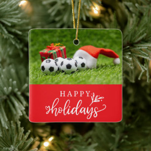 Soccer Happy Holidays with ball on green grass Ceramic Ornament