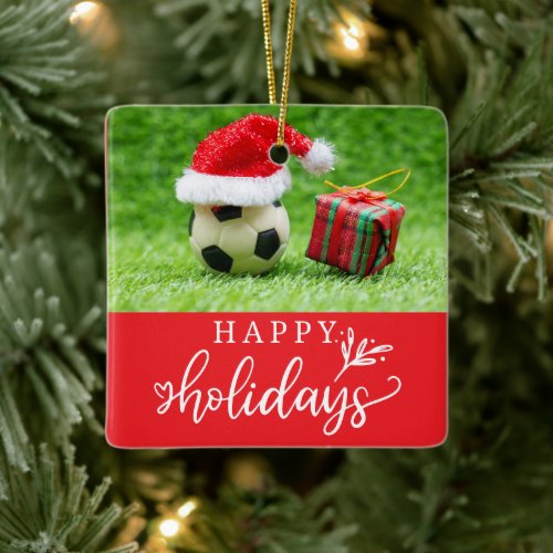 Soccer Happy Holidays with ball on green grass   Ceramic Ornament