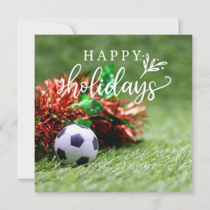 Soccer Happy Holidays with ball on green grass Holiday Card