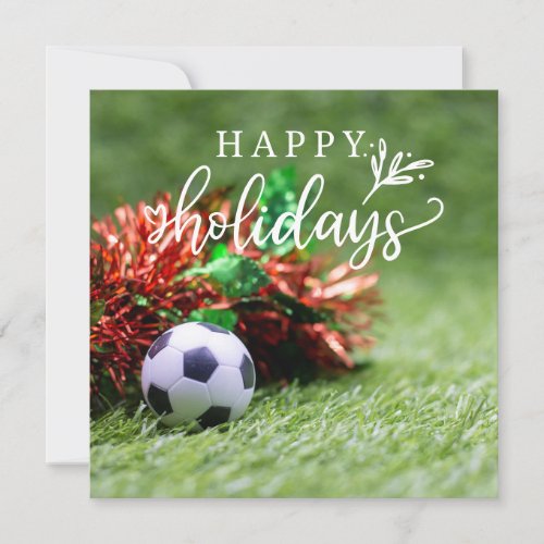 Soccer Happy Holidays with ball on green grass   Holiday Card
