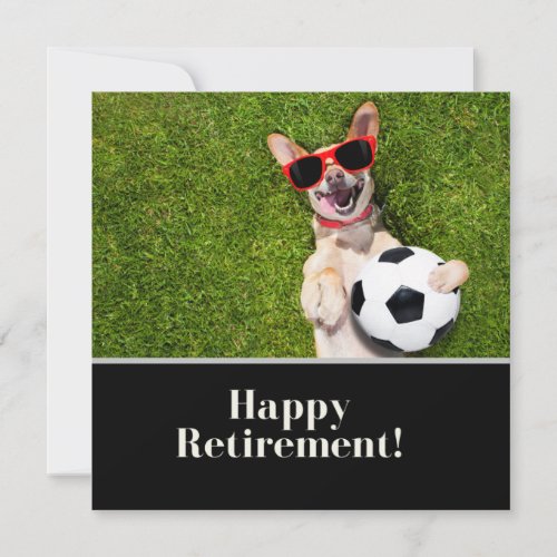 Soccer happy retirement with smiling dog on green card