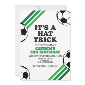Soccer Hat Trick Green Stripes 3rd Birthday Invitation