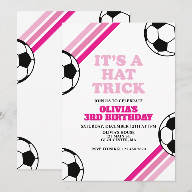 Soccer Hat Trick Pink Stripe 3rd Birthday Invitation (Front/Back)