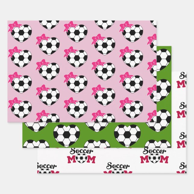 Soccer Heart Ball Pink Bow Wrapping Paper Sheets (Set)