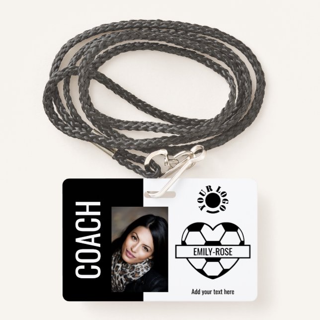 Soccer Heart Photo Logo Barcode Template Coach Badge (Front with Lanyard)
