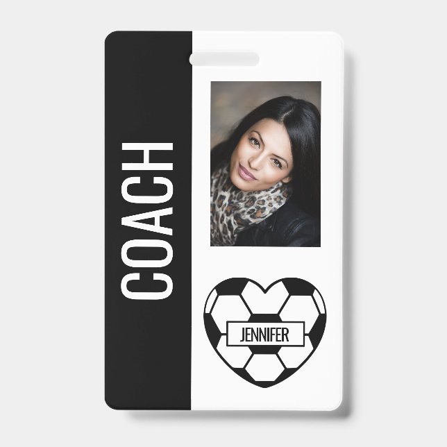 Soccer Heart Photo Template Black and White Coach Badge (Front)