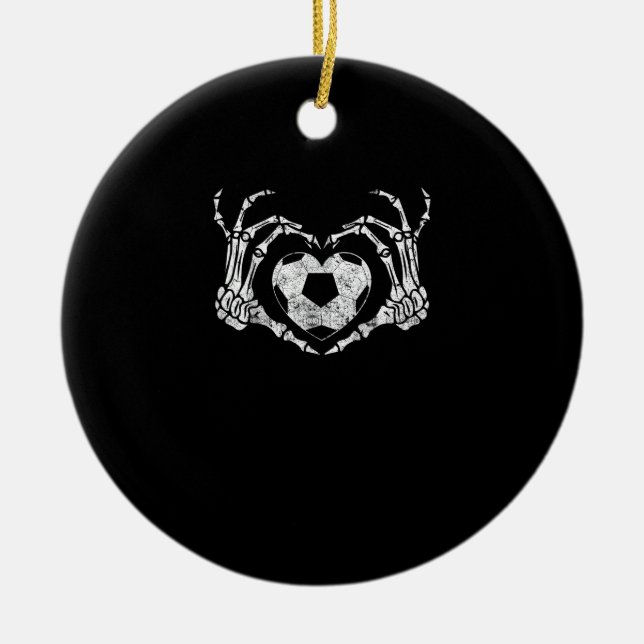 Soccer Heart Skeleton Hand Halloween Minimal Ceramic Ornament (Front)