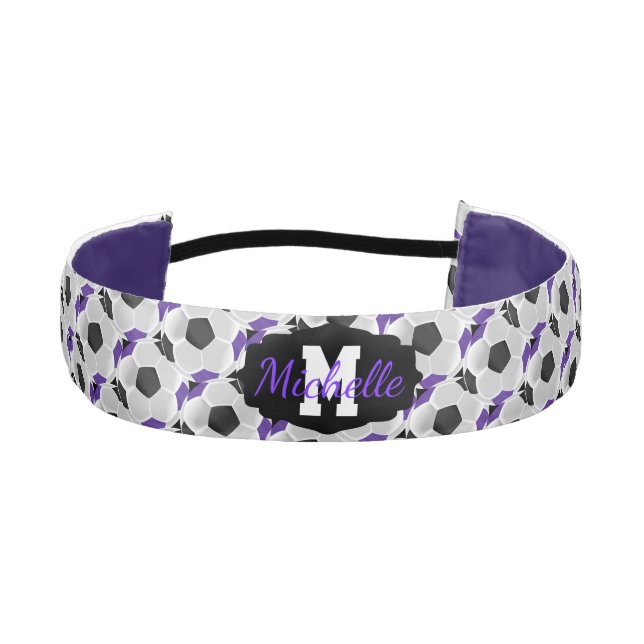 Soccer ⚽ in Black, Purple and White Athletic Headband (Front)