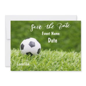 Soccer is on green grass  save the date party  invitation