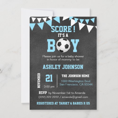 SOCCER Its a Boy Baby Shower Chalkboard Blue Boy Invitation