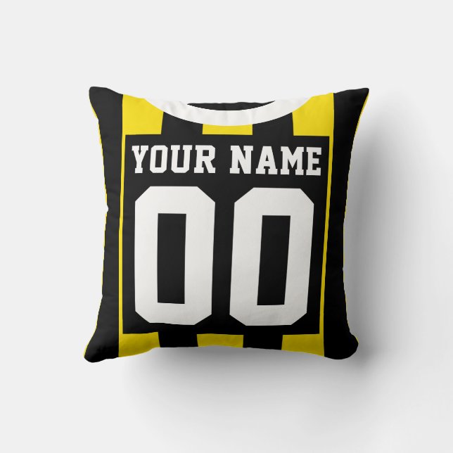 Soccer Jersey Name & Number Black & Yellow  Throw Pillow (Back)