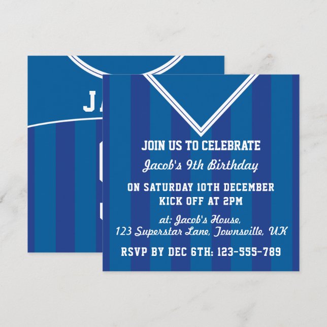 Soccer Jersey Themed Party Invites, Football, Blue Invitation (Front/Back)