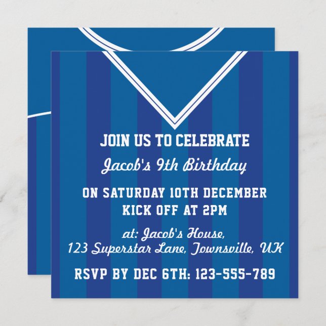 Soccer Jersey Themed Party Invites, Football, Blue Invitation (Front/Back)