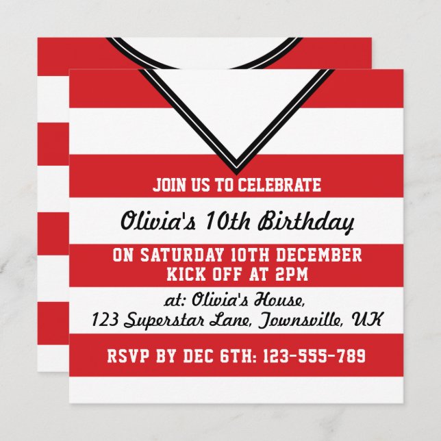 Soccer Jersey Themed Party Invites Template, Red (Front/Back)