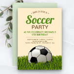 Soccer Kids Birthday Party Invitation<br><div class="desc">Invite your guests with this cool birthday party invitation featuring a soccer ball on a lawn with modern typography against a beige background. Simply add your event details on this easy-to-use template to make it a one-of-a-kind invitation. Flip the card over to reveal a beautiful green grass texture on the...</div>