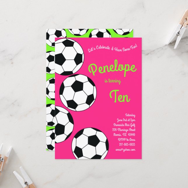 Soccer Kids Birthday Party Sports Pink Girls Invitation (Front/Back In Situ)