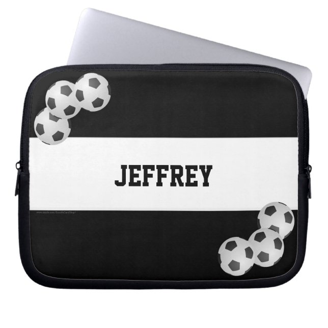 Soccer Laptop Computer Sleeve, Black and White Sleeve (Front)