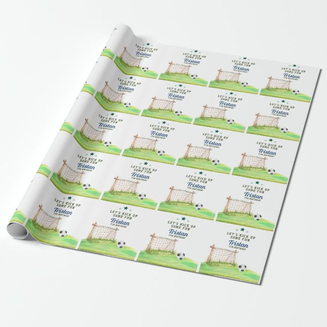 Soccer “Let’s Kick Up Some Fun” Any Age Birthday Wrapping Paper (Unrolled)