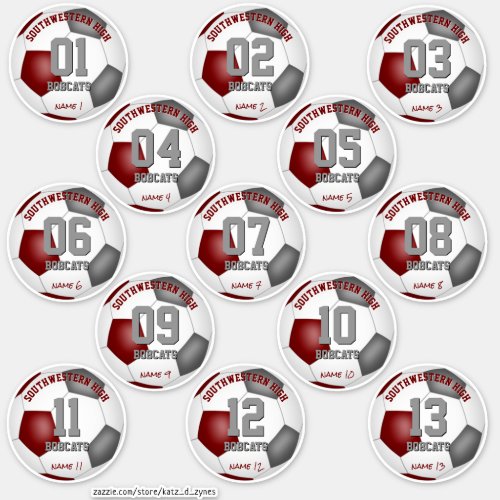 soccer maroon gray team colors custom set of 13 sticker