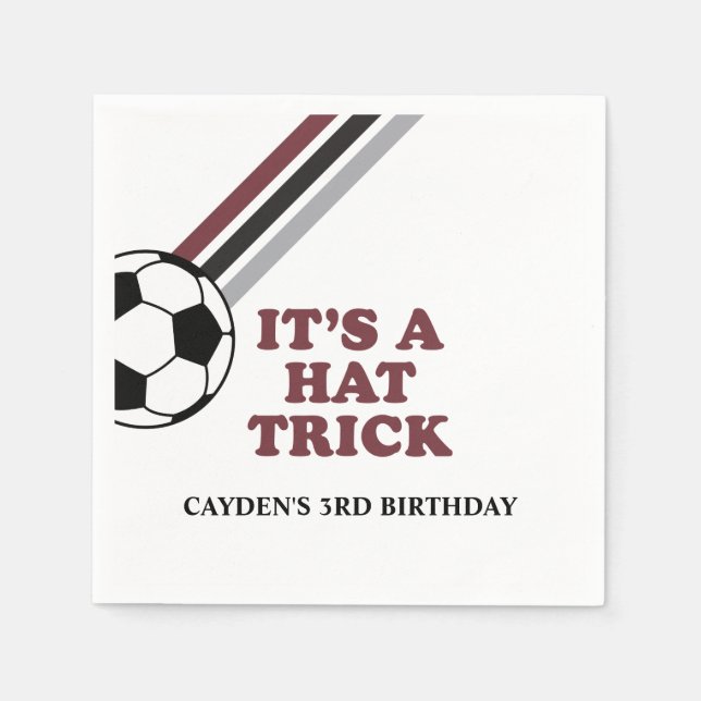 Soccer Maroon Stripes Hat Trick 3rd Birthday Napkins (Front)