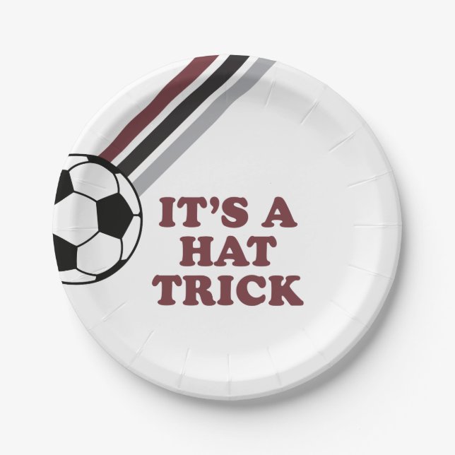 Soccer Maroon Stripes Hat Trick 3rd Birthday Paper Plates (Front)