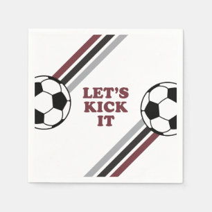 Soccer Maroon Stripes Let's Kick It Birthday Napkins