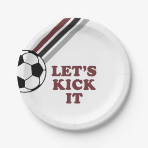 Soccer Maroon Stripes Let's Kick It Birthday Paper Plates