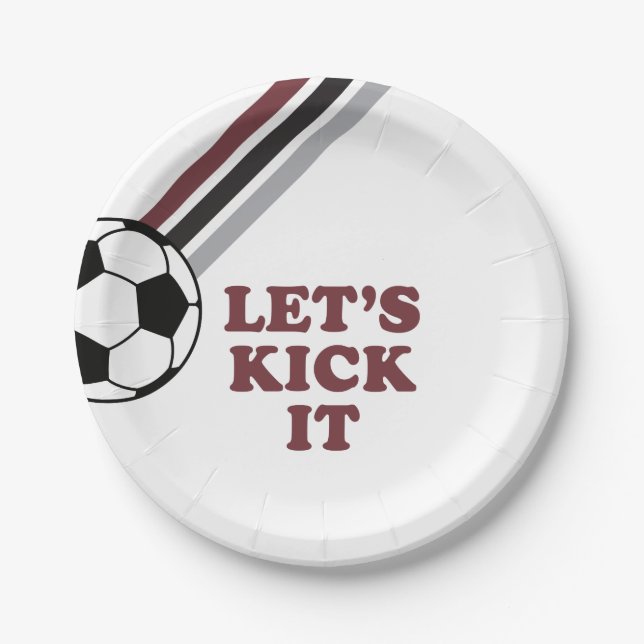 Soccer Maroon Stripes Let's Kick It Birthday Paper Plates (Front)