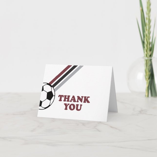 Soccer Maroon Stripes Let's Kick It Birthday Thank You Card (Front)