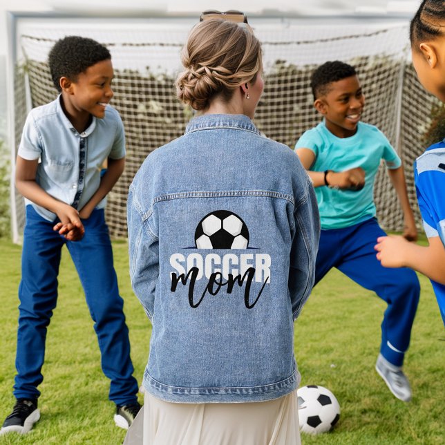 Soccer Mom Black and white text soccer ball  Denim Jacket (Creator Uploaded)